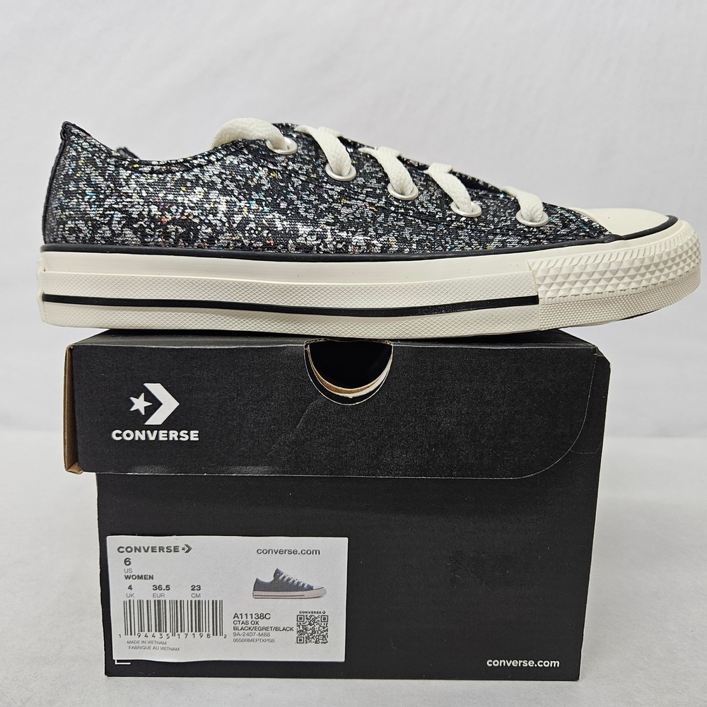 Converse Chuck Taylor All Star Oxfords A11138C Glitter Black Egret Women Size 6‎ - Picture 3 of 10